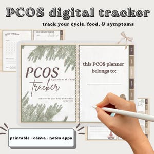 May include: Digital PCOS tracker with the text "PCOS digital tracker track your cycle, food, & symptoms." The planner includes sections for cycle tracking, measurements, and symptom tracking. The text "printable - canva - notes apps" is also visible.