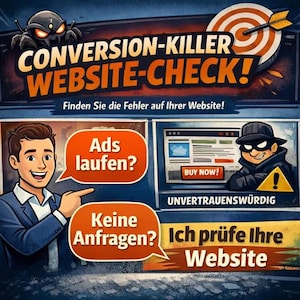 May include: A digital marketing graphic with the text "CONVERSION-KILLER WEBSITE-CHECK!". It features a cartoon man, a target with an arrow, and a website with a "BUY NOW!" button. The text "Finden Sie die Fehler auf Ihrer Website!" is also present.