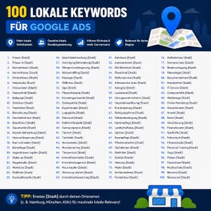 May include: A graphic featuring a blue map pin icon with a white map and a list of 100 local keywords for Google Ads. The keywords are related to various services like hairdressers, spas, and financial advisors.