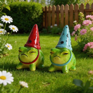 Könnte beinhalten: Zwei dekorative Gartenfroschfiguren. Die grünen Frösche haben gelbe Augen und tragen Zipfelmützen. Eine Mütze ist rot mit schwarzen Punkten, die andere blau mit schwarzen Punkten. Beide haben ein Halsband, eines rot, eines blau.