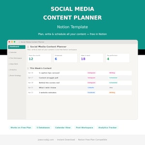 Peut inclure: Un modèle numérique de planificateur de contenu de médias sociaux pour Notion. Le modèle comprend des sections pour le suivi des publications, la planification du contenu et l'analyse des performances. L'image affiche le tableau de bord, le calendrier et les fonctionnalités de planification de contenu du modèle.