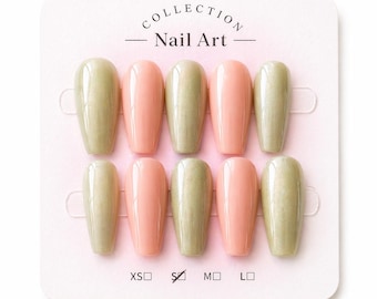 Press On Nails Rosa Pesca e Verde Salvia | Unghie Finte Eleganti | Almond Glossy | Set Riutilizzabile | Nail Art Minimal Chic