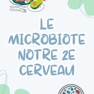 Peut inclure: Illustration avec le texte "LE MICROBIOTE NOTRE 2E CERVEAU" en bleu. L'image comprend une assiette de nourriture, un verre de jus et un schéma de microbes. Le fond est bleu clair avec des formes vertes.