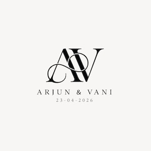Op de afbeelding: Zwart-wit trouwlogo met de verweven letters "AV" in een elegant schrift. Daaronder staan de namen "ARJUN & VANI" en de datum "23-04-2026" in een strak, schreefloos lettertype, tegen een crèmekleurige achtergrond.