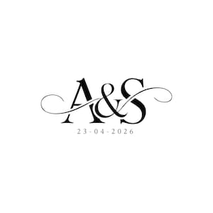 May include: Black and white monogram design featuring the letters "A" and "S" intertwined with elegant flourishes. Below the letters is the date "23-04-2026". The design is set against a clean white background.