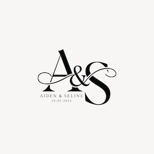 Può includere: Design monogramma nero con le lettere "A" e "S" intrecciate con una e commerciale. Sotto il monogramma, i nomi "Aiden & Seline" e la data "10-05-2024" sono visualizzati in un semplice carattere su sfondo crema.