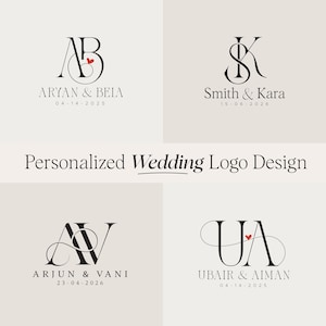 Könnte beinhalten: Vier personalisierte Hochzeitslogo-Designs mit Initialen und Namen. Jedes Design zeigt elegante Typografie mit einem Herzakzent. Die Logos enthalten Namen und Hochzeitsdaten auf einem neutralen Hintergrund. Der Text "Personalized Wedding Logo Design" ist ebenfalls vorhanden.