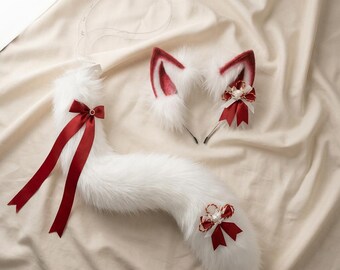 Diadema y cola de zorro con lazo, regalo de cosplay kawaii