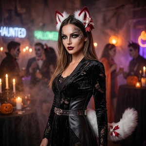 Può includere: Un abito in velluto e pizzo nero con cintura argentata, indossato con orecchie da animale in pelliccia sintetica bianca e rossa con piccoli fiocchi. L'outfit include una coda in pelliccia sintetica bianca abbinata con un fiocco rosso.