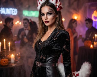 May include: A black velvet and lace dress with a silver belt, worn with white and red faux fur animal ears featuring small bows. The outfit includes a matching white faux fur tail with a red bow, complemented by dark makeup and intricate facial art.
