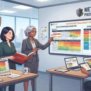 May include: A digital illustration of a professional office setting featuring the MethodicForge Professional Toolkit. The scene includes a large wall display showing a Stakeholder Engagement Workflow, a risk management handbook, and team members collaborating.