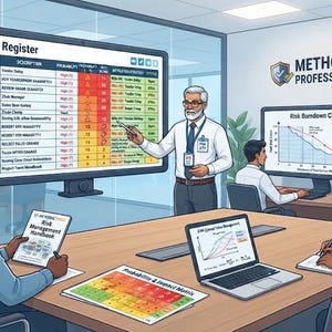 Op de afbeelding: Een professionele kantoorscène met een groot digitaal scherm waarop een risicoregistertabel wordt weergegeven, een risicoburndown-grafiek op een tweede monitor en een gedrukte waarschijnlijkheids- en impactmatrix op tafel.