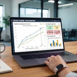 Puede incluir: Una pantalla de portátil que muestra un panel de control EVM de Project Phoenix con un gráfico lineal de análisis de valor ganado, métricas financieras y un gráfico de barras de varianza de costes. Una taza beige con PMP está sobre un escritorio.