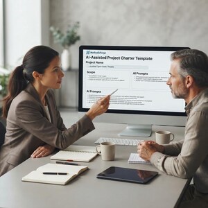 May include: A computer monitor displaying an AI-Assisted Project Charter Template with sections for Scope and AI Prompts. The screen shows the MethodicForge logo and text. Two notebooks, a tablet, and two mugs are placed on the desk in front of it.
