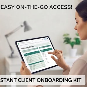 May include: A digital tablet displaying a Virtual Assistant Client Onboarding Kit with green and white interface elements. The screen shows text including EASY ON-THE-GO ACCESS and VIRTUAL ASSISTANT CLIENT ONBOARDING KIT in a professional office setting.