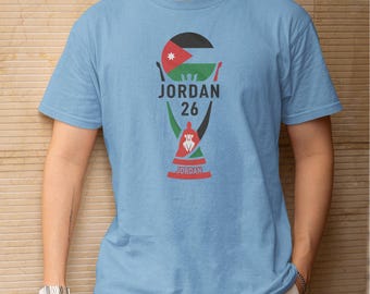 Football Inspired Gift for Fans, Jordan Flag Colors Soccer Graphic Tee, World Tournament Trophy Animated Design Unisex T-Shirt