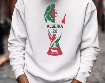 Prezent dla kibiców inspirowany piłką nożną Algierii, animowany projekt trofeum Mistrzostw Świata, koszulka unisex z flagą piłkarską w stylu hołdu