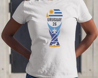 Prezent dla kibiców inspirowany piłką nożną, koszulka piłkarska z nadrukiem w stylu hołdu dla flagi Urugwaju, animowana koszulka unisex z trofeum Mistrzostw Świata