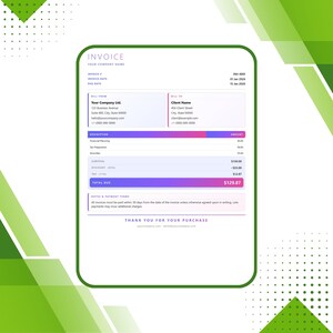 Pode incluir: Um modelo de fatura digital com um design verde e branco. A fatura inclui campos para informações da empresa, detalhes do cliente e dados financeiros detalhados. O total devido é exibido em uma caixa rosa. O texto "Obrigado pela sua compra" está na parte inferior.