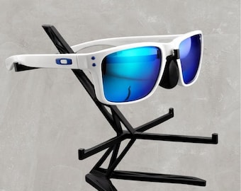 New Sports Sunglasses – Dark Blue Frame with Polished White Finish and Blue Logo