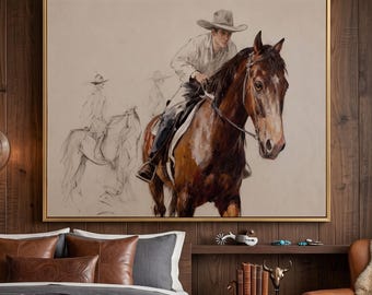 Dipinto ad olio di un cavallo da cowboy del sud-ovest, quadro da parete con cavaliere western, tela vintage da ranch, decorazioni da cowboy del selvaggio West, decorazioni rustiche per la casa in stile fattoria.