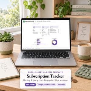 May include: A silver laptop displaying a Subscription Tracker spreadsheet on its screen. The screen shows data tables, a bar chart, and a pie chart. The text on the screen reads Subscription Tracker, Your Subscriptions, and various categories.