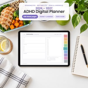 Może przedstawiać: Tablet wyświetlający cyfrowy planer ADHD na lata 2026-2027 z harmonogramem dnia, blokami czasowymi i listami zadań. Ekran pokazuje układ na środę z kolorowymi zakładkami bocznymi. Tekst na nakładce brzmi 2026-2027 ADHD Digital Planner.