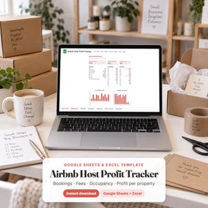 May include: A silver laptop displaying an Airbnb Host Profit Tracker dashboard on its screen. The screen shows data tables and red bar charts. Surrounding the laptop are cardboard shipping boxes, a white mug with text, and a notepad with a pen.