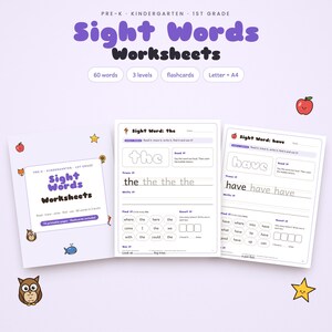 Sight Words Worksheets, 60 Sight Word Practice Pages, Kindergarten Reading Worksheets, Sight Word Flashcards, Pre-K and 1st Grade