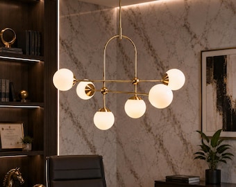 1950's Mid Century Modern Brass Globe Chandelier | 6-Light Gold Pendant Light | Contemporary Opal Glass Ceiling Fixture