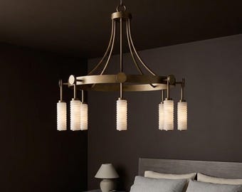 Alabaster Ring Chandelier, Luxury Brass Ceiling Light, Spanish Stone Pendant, Modern Dining Room Lighting, Designer Fixture