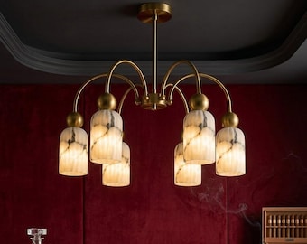 Modern Brass Chandelier, Alabaster Marble Pendant Light, Mid Century Ceiling Fixture, Luxury Home Lighting