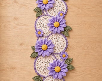 Gehaakt tafelloperpatroon pdf, bloemen madeliefjeskant, lente boerderijdecor (digitale download)