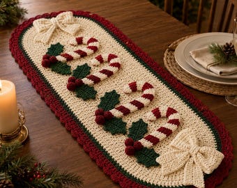 May include: An oval crochet table runner in cream, featuring a dark red scalloped border and a dark green inner trim. The runner is decorated with four red and white striped candy canes, green holly leaves, red berries, and two cream bows.