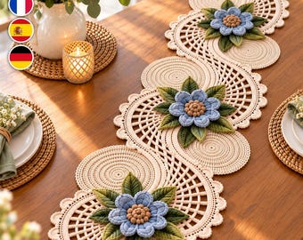 Haakpatroon voor een tafelloper, haakpatroon voor een tafelloper met bloemenkant, 3D-bloemen centerpiece, vintage eettafeldecoratie (PDF)