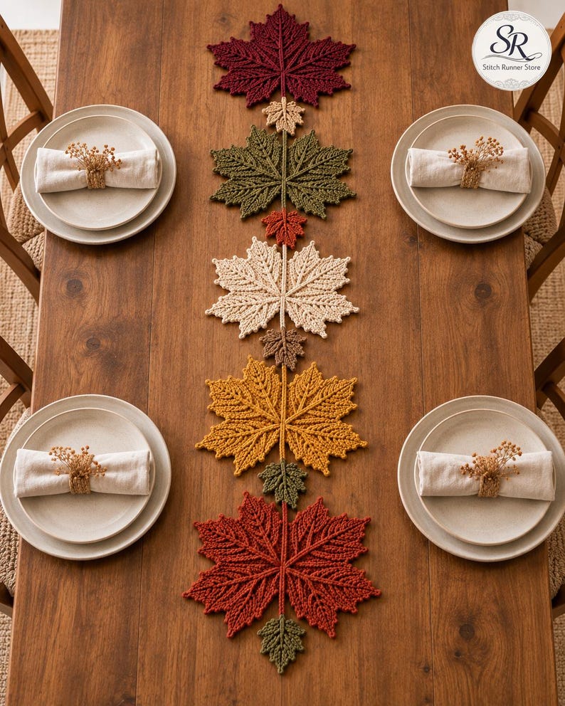 May include: A crochet table runner featuring a vertical arrangement of maple leaves in shades of burgundy, olive green, cream, mustard yellow, and rust, accented by smaller green and brown leaves, placed on a wooden table with four place settings.