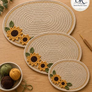 Sunflower Oval Placemat Crochet Pattern, 3 Sizes Table Mat PDF, Farmhouse Kitchen Decor, Instant Download
