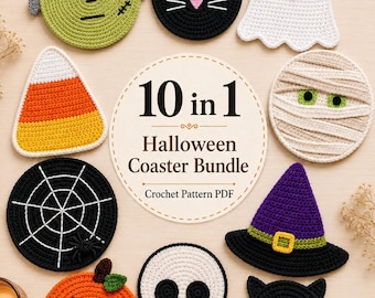 May include: A collection of ten crocheted Halloween-themed coasters featuring a green monster, black cat, white ghost, candy corn, mummy, spider web, witch hat, pumpkin, skull, and bat, with a central label reading 10 in 1 Halloween Coaster Bundle.