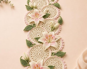 Crochet Table Runner Pattern, Pink Lily Flower, Elegant Floral Motifs (PDF Pattern)