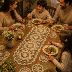 May include: A long, rectangular crochet table runner featuring a repeating circular motif in cream and sage green, accompanied by matching round crochet coasters, all displayed on a wooden dining table set for a meal with plates and glassware.