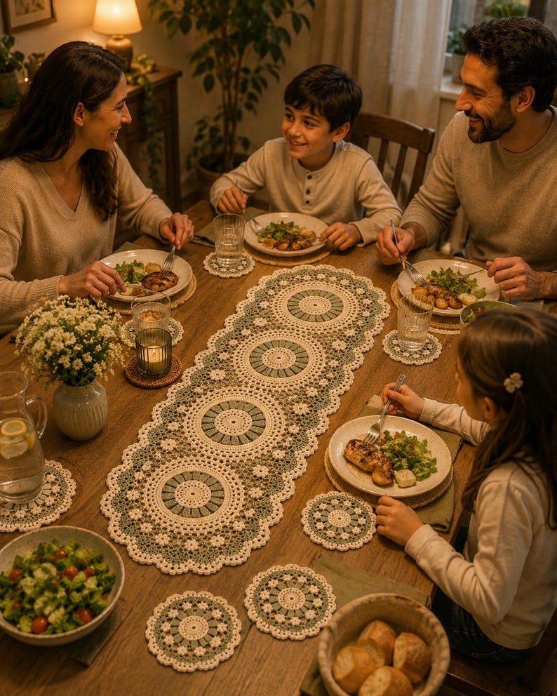 May include: A long, rectangular crochet table runner featuring a repeating circular motif in cream and sage green, accompanied by matching round crochet coasters, all displayed on a wooden dining table set for a meal with plates and glassware.