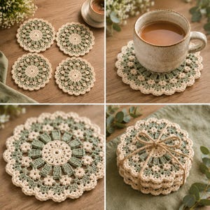 May include: A set of four round crochet coasters featuring a circular pattern in cream and sage green yarn. The coasters have a scalloped edge and a central floral-inspired design. One image shows a ceramic mug resting on a single coaster.