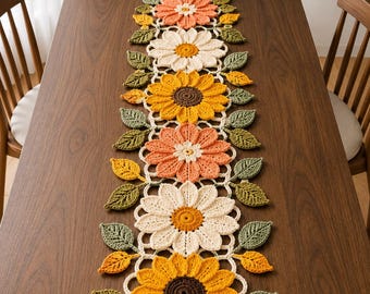 Zomer gehaakt tafelloperpatroon pdf, zonnebloem madeliefje bloemen tafeldecor (digitale download)