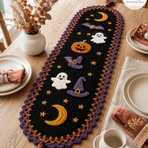 Mönster för virkad löpare till Halloween, spöken, pumpor, häxhattar, fladdermöss (PDF-nedladdning)