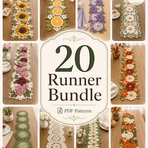 May include: A collection of 20 crochet table runner patterns presented as a digital bundle. The image displays various finished runner designs featuring sunflowers, citrus slices, purple flowers, daisies, roses, autumn leaves, pumpkins, and intricate lace.
