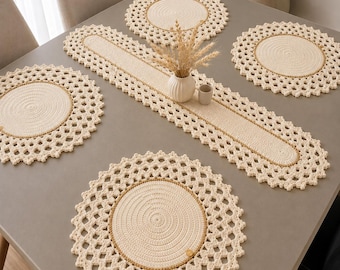 Crochet Table Runner and Placemat Pattern Set, Cream Gold Lace Dining Decor (PDF Download)