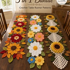 Lot de motifs de chemin de table au crochet 3 en 1, PDF de chemin de table tournesol, chemin de table floral, motif au crochet marguerite, téléchargement numérique