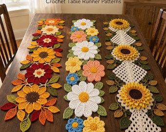 May include: Three crochet table runners featuring floral designs with sunflowers, daisies, and leaves in autumn and spring colors. The text 3 in 1 Bundle Crochet Table Runner Patterns and a logo with SR Stitch Runner Store are visible.