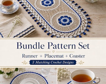 Blue Floral Lace Crochet Table Runner, Placemat, Coaster Pattern Bundle (PDF)