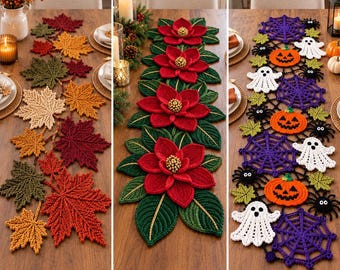 May include: A set of three crochet table runners featuring seasonal designs: one with multicolored autumn maple leaves, one with red poinsettia flowers and green leaves, and one with orange jack-o'-lanterns, white ghosts, and purple spiderwebs.